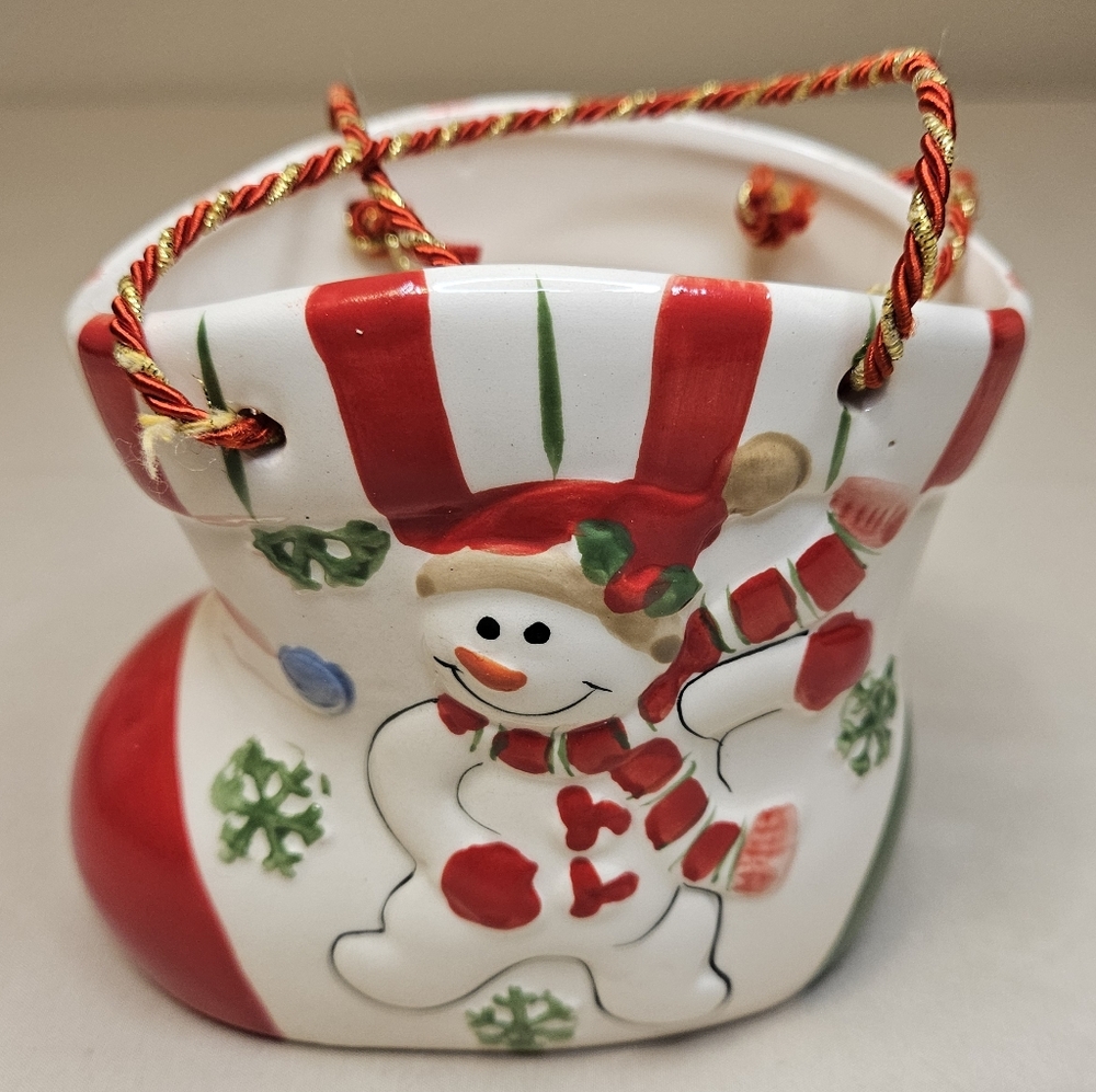 Snowman Christmas Boot Stocking Basket Candy Dish - Used